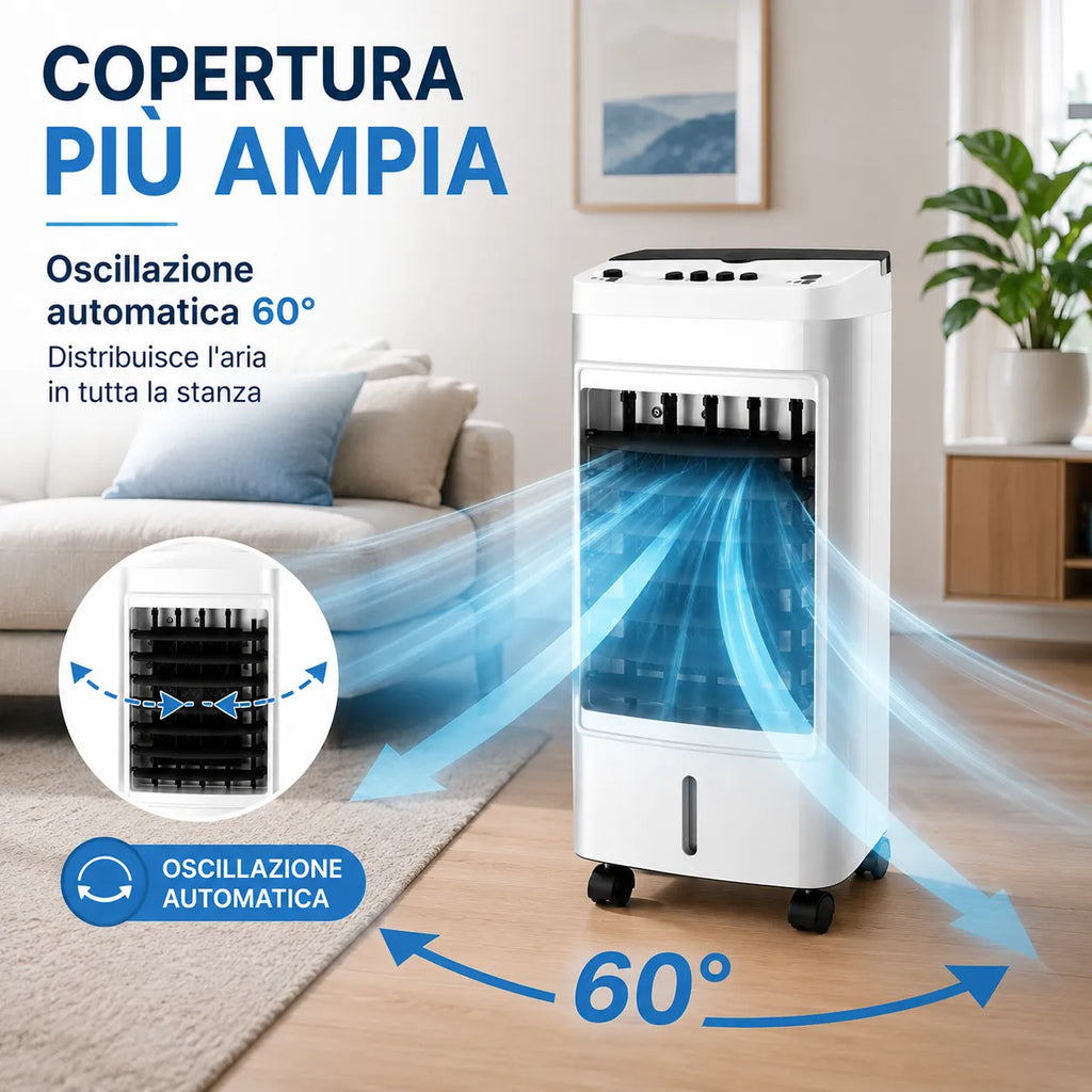Raffrescatore d'Aria Portatile Evaporativo 6L con Ruote – 65W, Oscillazione Automatica 60°, 3 Velocità, Serbatoio ad Acqua, Raffrescamento per Casa e Ufficio