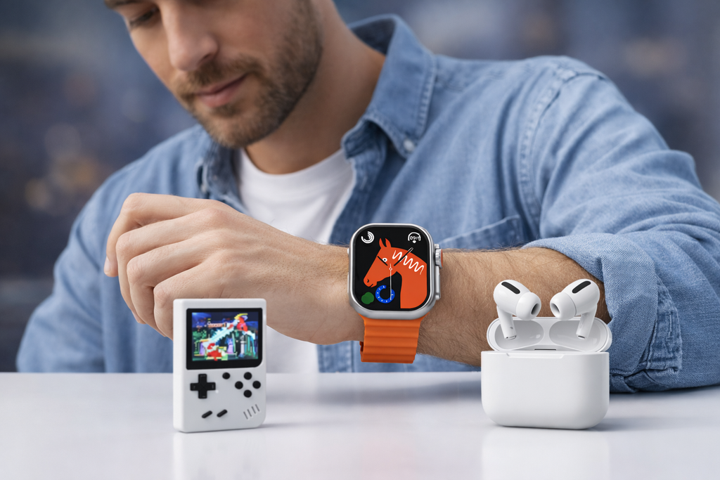 Bundle 3 in 1: Smartwatch M5 Ultra + Auricolari Wireless TWS + Mini Console di Gioco Portatile