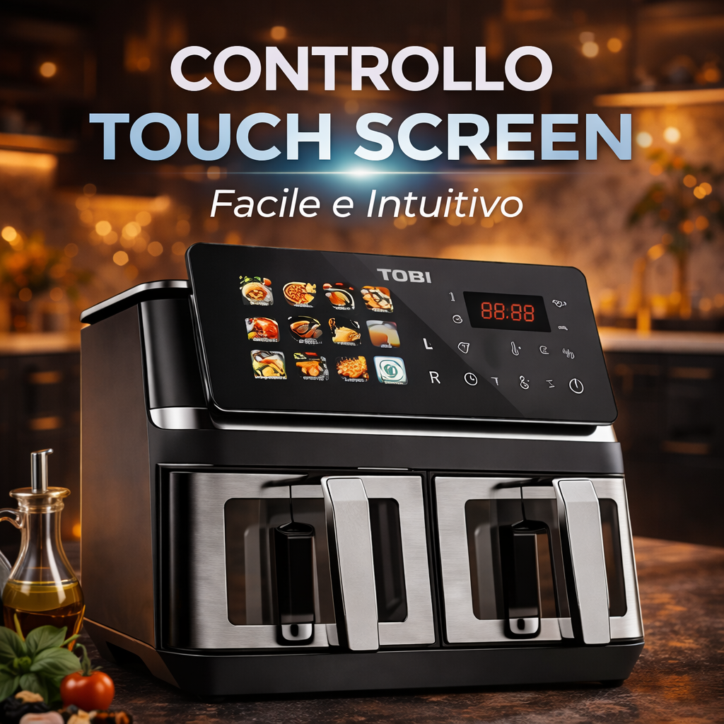 Friggitrice ad Aria Doppio Cestello 15L TOBI TB-969 – 2400W con Display Touch Full Color, 2 Zone di Cottura Indipendenti, Timer e Programmi Automatici