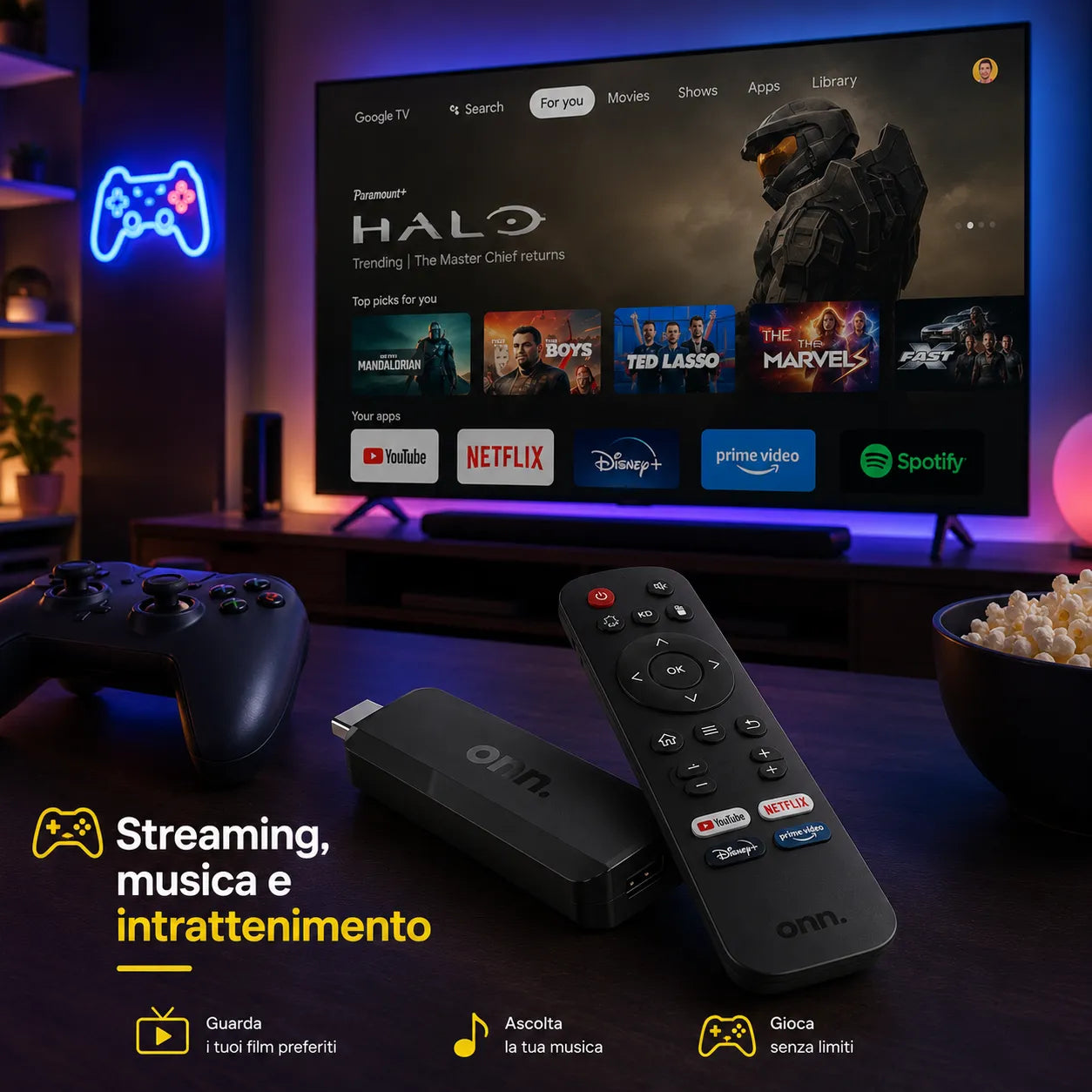ONN Google TV Stick Full HD Android 15 Streaming HDMI WiFi Chromecast Integrato 8GB+128GB Telecomando Controllo Vocale