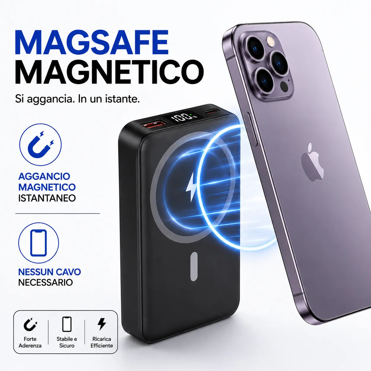Power Bank Magnetico Wireless 30000mAh 5 in 1 con Supporto Pieghevole | Ricarica Rapida PD 22.5W QC3.0 | Wireless 15W