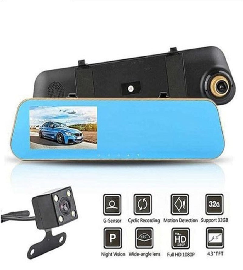 Kit con specchietto per auto e dash cam schermo da 4.3 pollici risoluzione 1080p doppia lente con registratore e telecamera posteriore