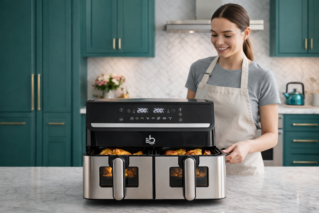 Friggitrice ad Aria 2000W Doppio Cestello 15L (7,5L + 7,5L) – Air Fryer XXXL a Doppia Zona con Controllo Indipendente