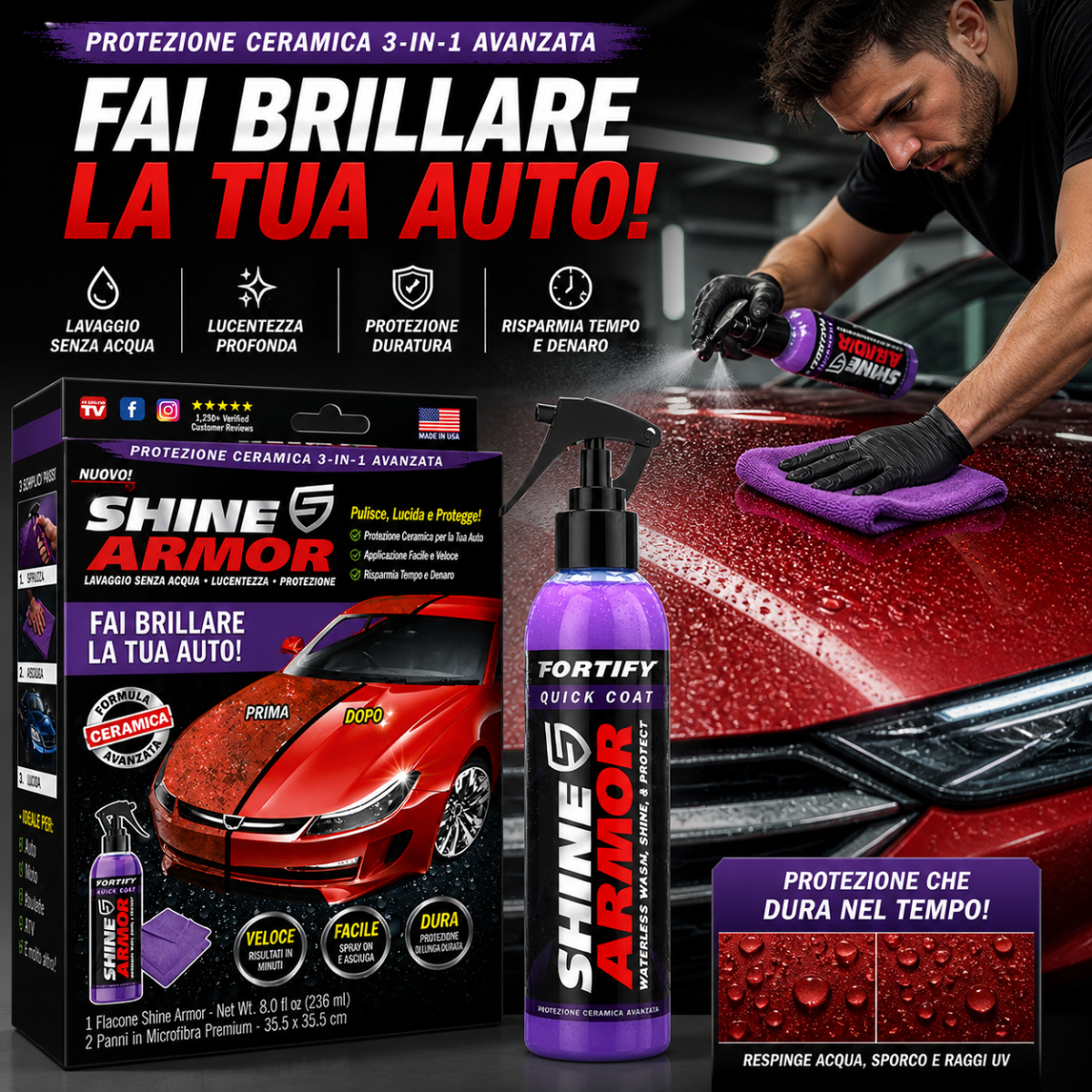 Fortify Quick Coat Shine Armor – Spray Auto Senza Acqua | Lava, Lucida e Protegge in un Solo Passaggio