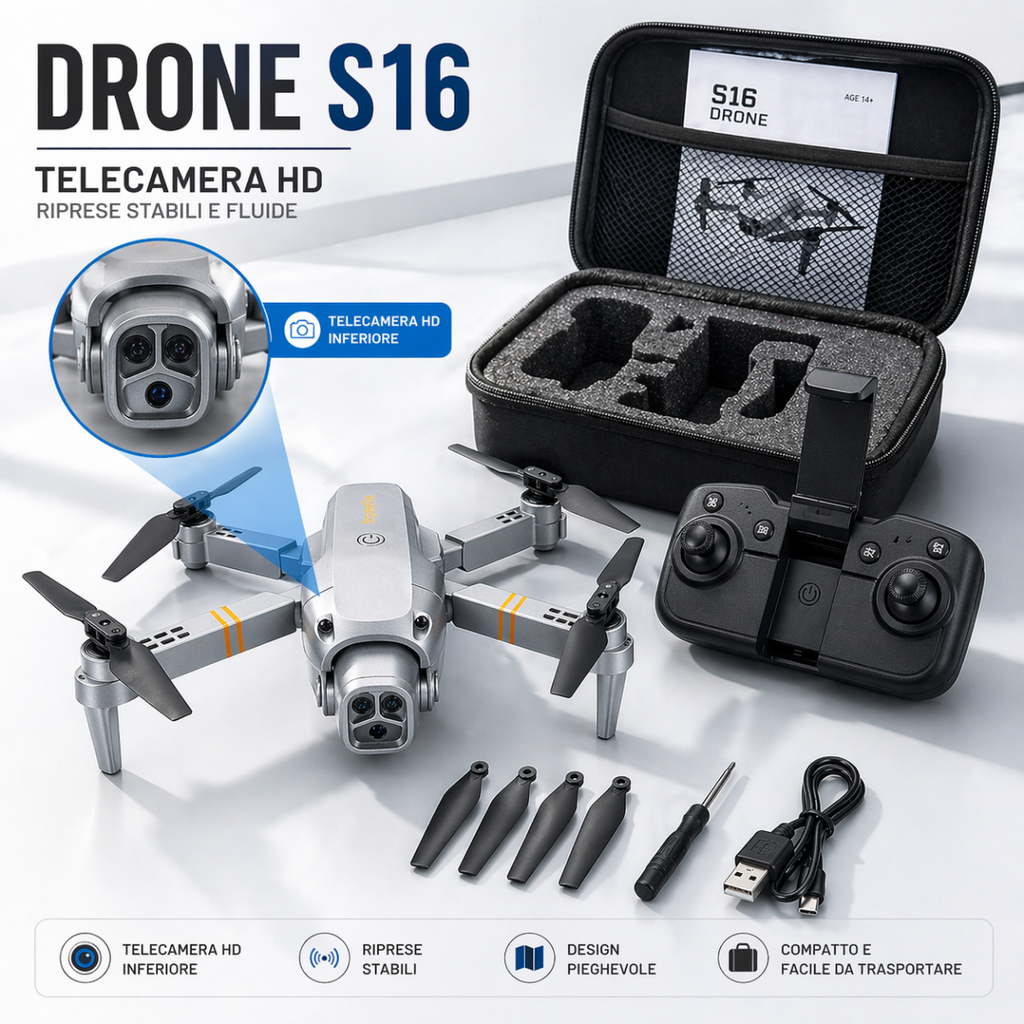 Drone S16 Pieghevole con Telecamera HD – Controllo Smartphone WiFi | Mini Drone 4K 1080p con Modalità Headless