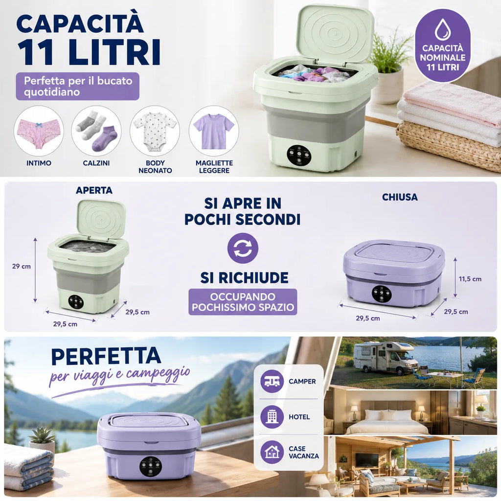 Mini Lavatrice Pieghevole Portatile 11L Multifunzione | Lavatrice Compatta da Campeggio e Viaggio | Cestello di Scarico Incluso