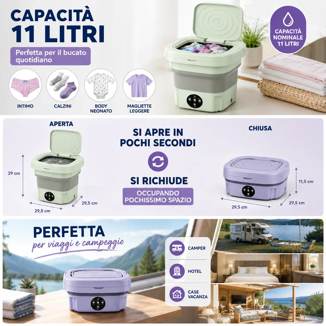 Mini Lavatrice Pieghevole Portatile 11L Multifunzione | Lavatrice Compatta da Campeggio e Viaggio | Cestello di Scarico Incluso