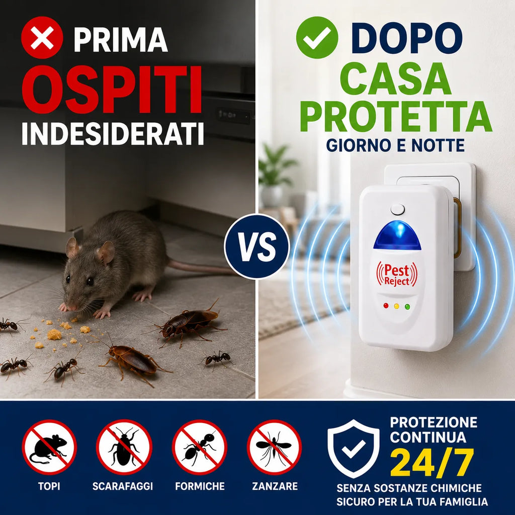 Pest Reject – Repellente Elettronico a Ultrasuoni per Topi, Scarafaggi, Formiche e Insetti – Protezione Continua 24/7 per Casa, Ufficio e Garage