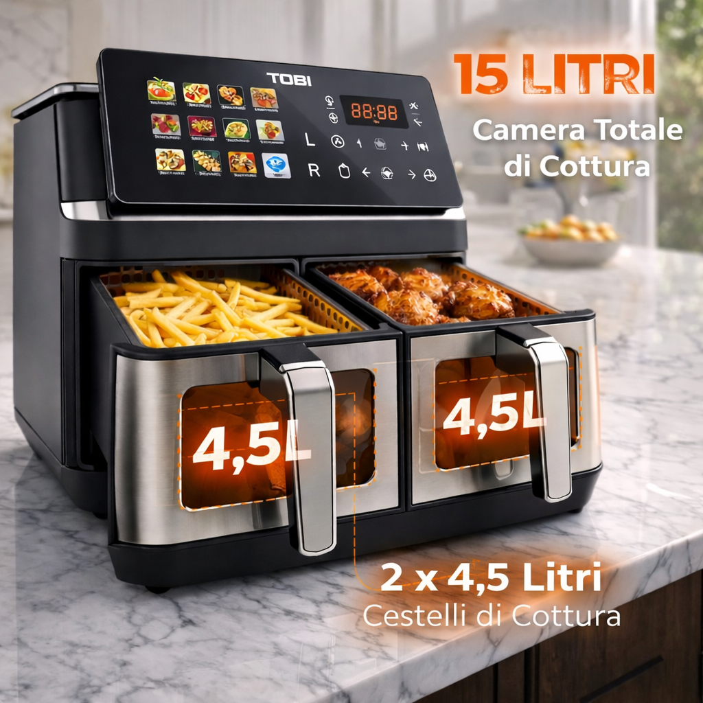 Friggitrice ad Aria Doppio Cestello 15L TOBI TB-969 – 2400W con Display Touch Full Color, 2 Zone di Cottura Indipendenti, Timer e Programmi Automatici