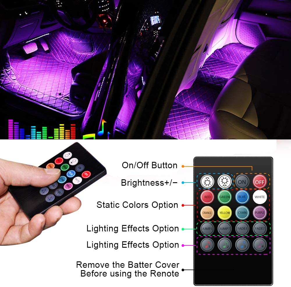 Striscia LED AutoLuci LED Interne per Auto con 48 LED RGB 4 Barre Striscia LED Auto 8 Colori Illuminazione Auto Strisce 4 Modalità Musica Telecomando  Alimentato da USB