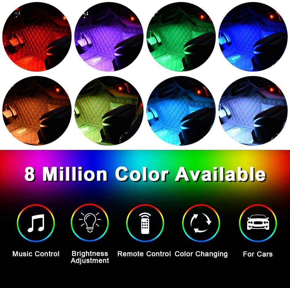 Striscia LED AutoLuci LED Interne per Auto con 48 LED RGB 4 Barre Striscia LED Auto 8 Colori Illuminazione Auto Strisce 4 Modalità Musica Telecomando  Alimentato da USB