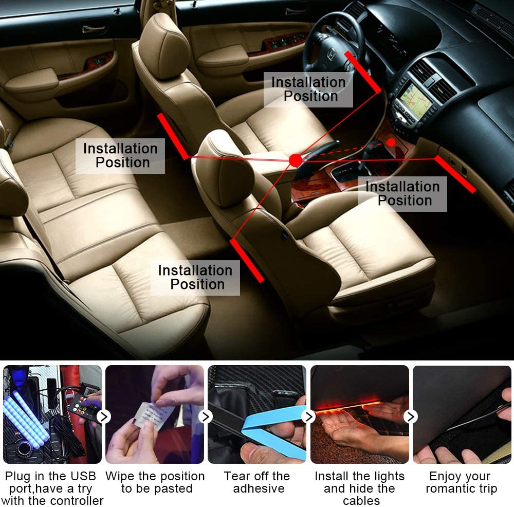 Striscia LED AutoLuci LED Interne per Auto con 48 LED RGB 4 Barre Striscia LED Auto 8 Colori Illuminazione Auto Strisce 4 Modalità Musica Telecomando  Alimentato da USB