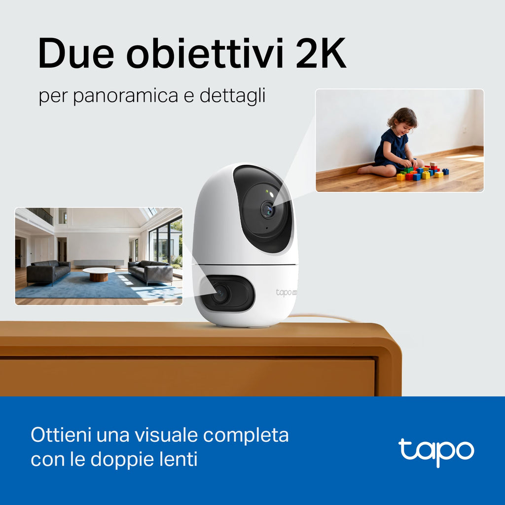 Tapo C245D Telecamera Wi-Fi Interno Doppio Obiettivo 2K+2K 4MP, 360° Visuale, Visione Notturna IR, ⚠️Non a batteria