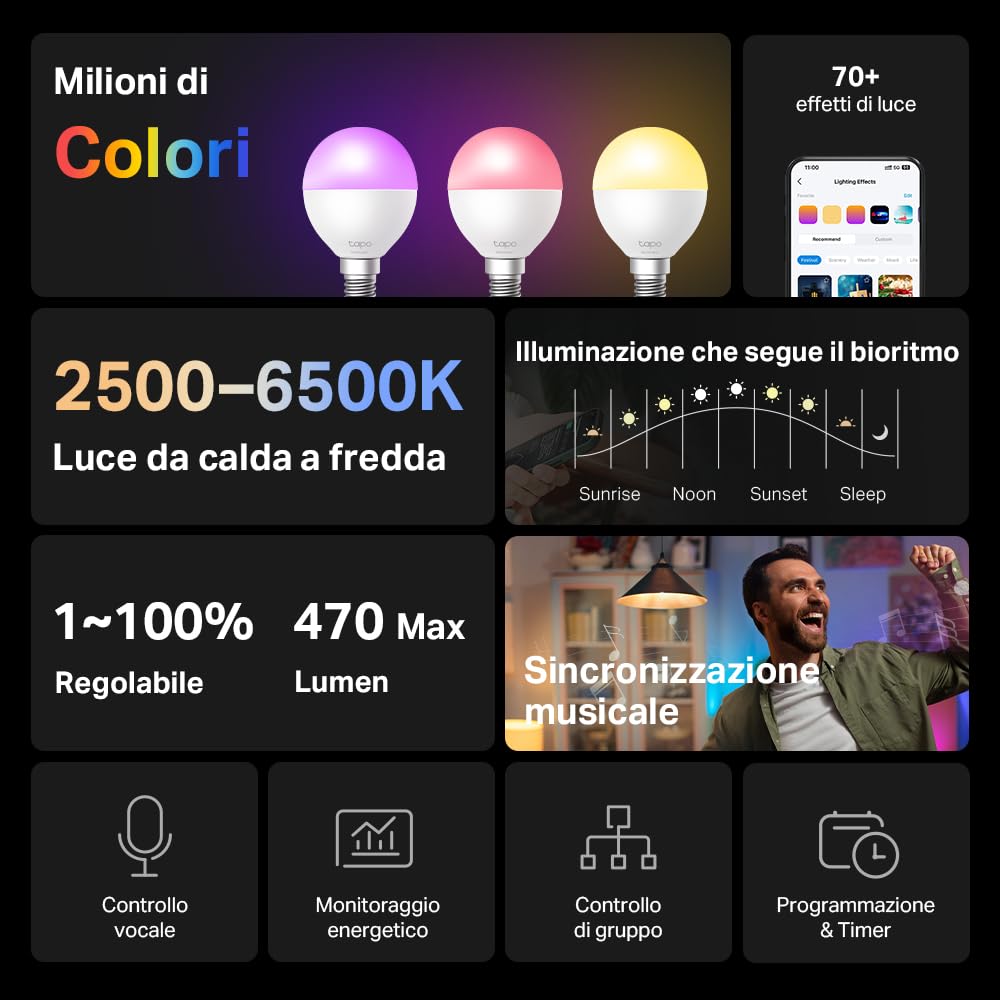 Tapo L430P Lampadina Smart Wi-Fi E14, Multicolore, Dimmerabile, Controllo Alexa e Google TP-Link Showroom viveresmart.store & augmentedrealityoffers.com - P. IVA 02867250694 - DI PENTA ALESSIO - VIALE NETTUNO 167, 66023, FRANCAVILLA AL MARE (CH) - REA CH-438573
