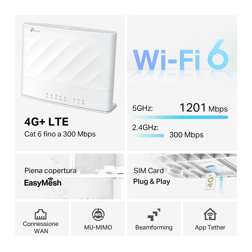 Archer MX1500 Router WiFi con SIM, 4G+ CAT6 WiFi 6 AX1500Mbps, 4 Porte Gigabit, Plug & Play