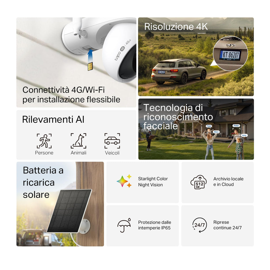 Tapo C665G KIT Telecamera 4G LTE da Esterno 4K 8MP con Pannello Solare, Pan/Tilt, Visione Notturna a Colori, Rilevamento AI, Registrazione 24/7
