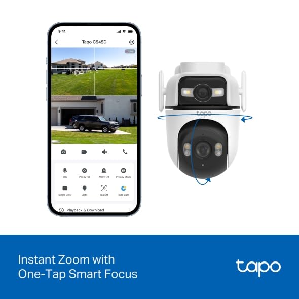 Tapo C545D Telecamera Wi-Fi Esterno/Interno Doppio Obbiettivo 2K 3MP, 360° Visuale, Visione Notturna a Colori, Rilevamento AI,⚠️Non a batteria