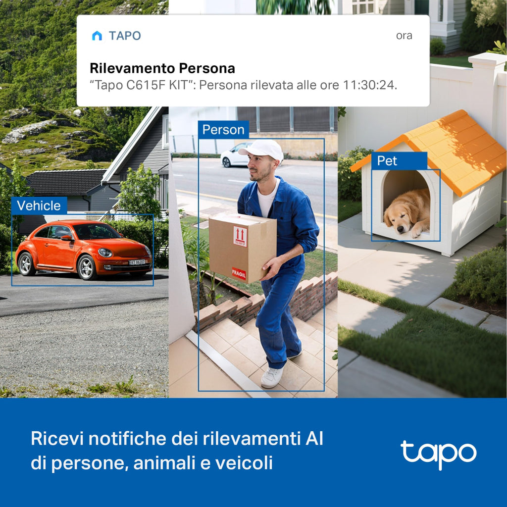 Tapo C615F KIT Telecamera WiFi Esterno 2K 3MP Senza Fili con Pannello Solare, Tracking AI 360°, Batteria 10400mAh