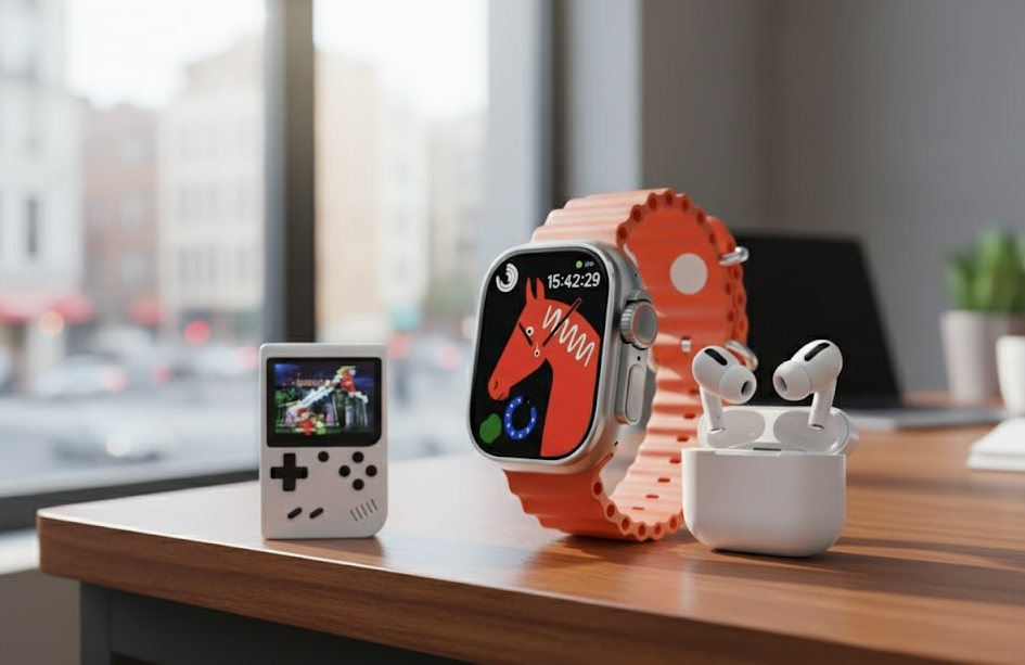 Bundle 3 in 1: Smartwatch M5 Ultra + Auricolari Wireless TWS + Mini Console di Gioco Portatile