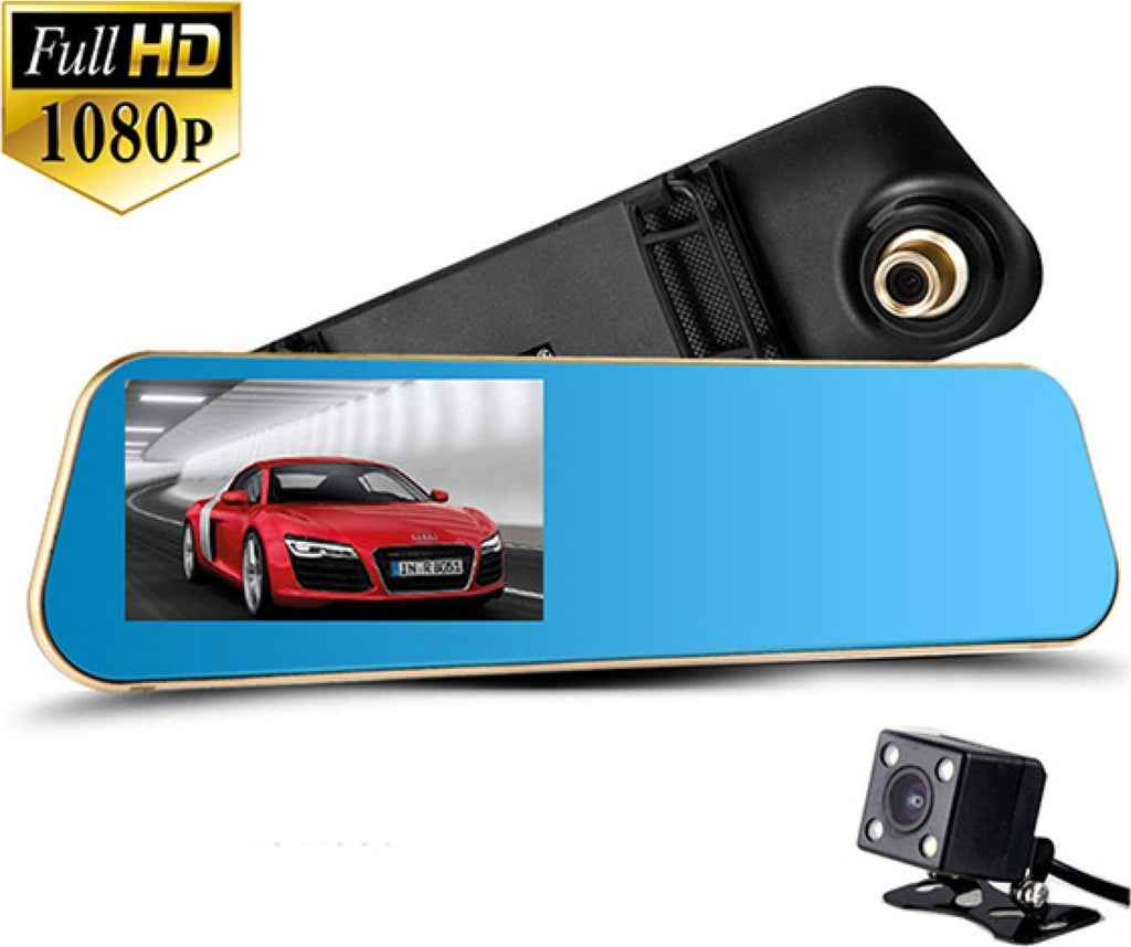 Kit con specchietto per auto e dash cam schermo da 4.3 pollici risoluzione 1080p doppia lente con registratore e telecamera posteriore