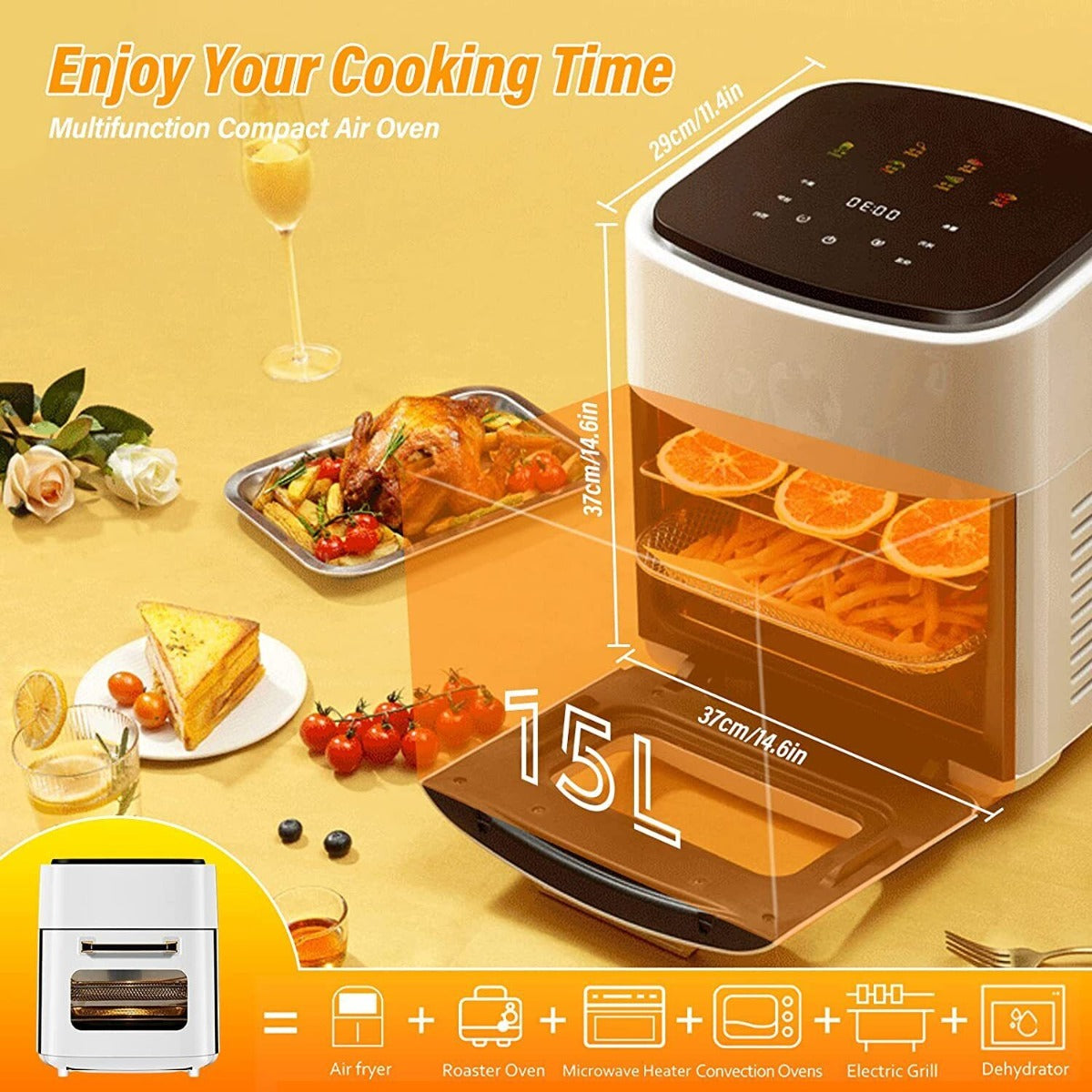 Friggitrice ad aria calda 15 litri 1400w senza olio touch screen lcd