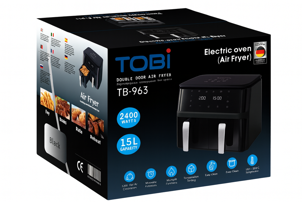 Friggitrice Tobi ad Aria Dual Zone 15L – Doppio Cestello Indipendenti | 2400W, Touch LED, 8 Programmi Black Limited Edition